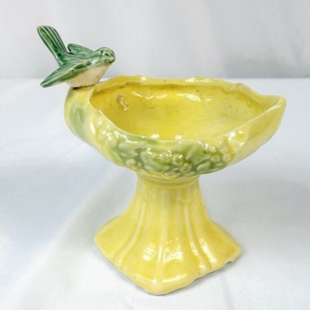 Vintage McCoy Yellow Bird Bath Pedestal Planter Ceramic Art Pottery MCM